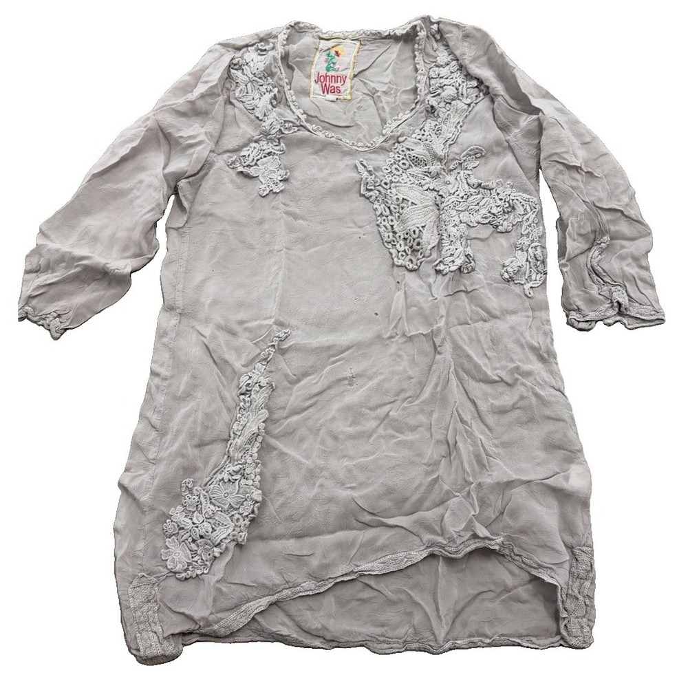 Johnny Was Womens Gray Crochet Lace Scoop Neck 3/4 Sleeve Tunic Blouse S